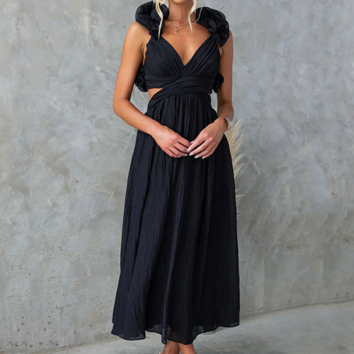 Elegant V Neck Cross Pleated Sexy Hollow Out Backless Lace Up Slim Long Dress