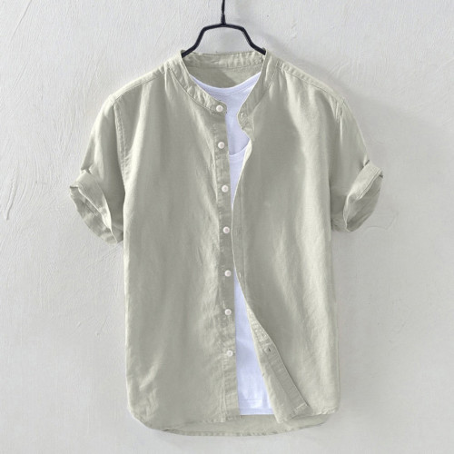 Men's Cotton Linen Solid Short Sleeve Retro Loose Button Up Shirt Blouse