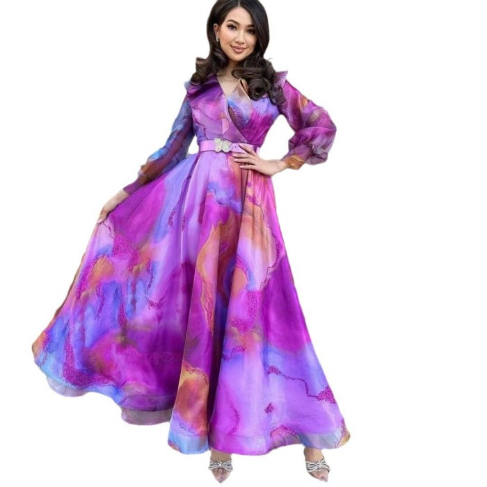 Fashionable Mesh Colorful Print Party Elegant Loose Long Dress
