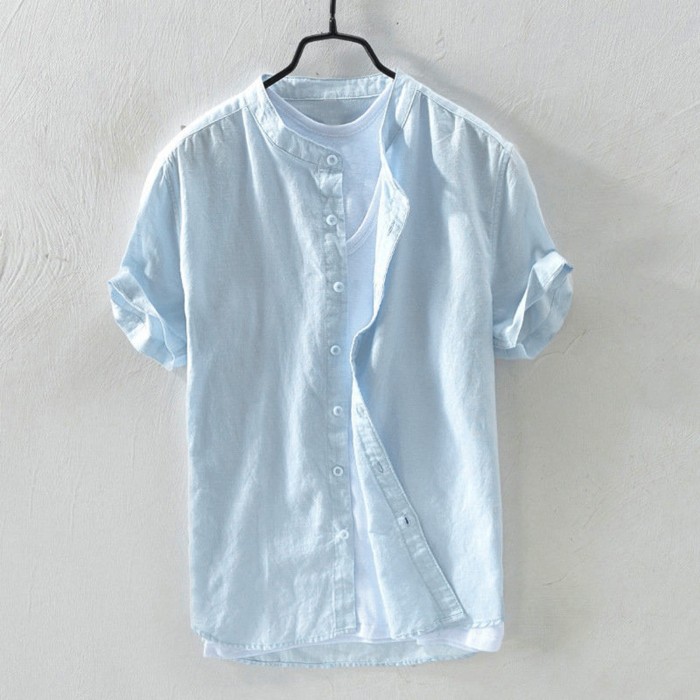 Men's Cotton Linen Solid Short Sleeve Retro Loose Button Up Shirt Blouse