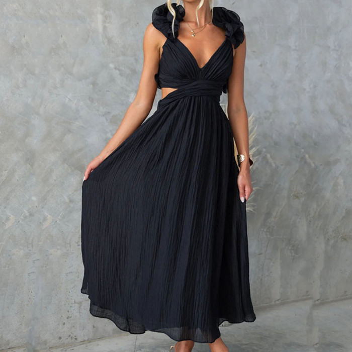 Elegant V Neck Cross Pleated Sexy Hollow Out Backless Lace Up Slim Long Dress