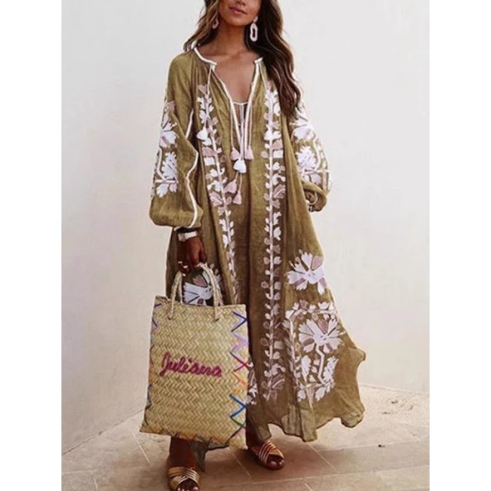 V-neck Long Sleeve Printed Dress Casual Loose  Fashion Lantern Sleeve Large Size Dress