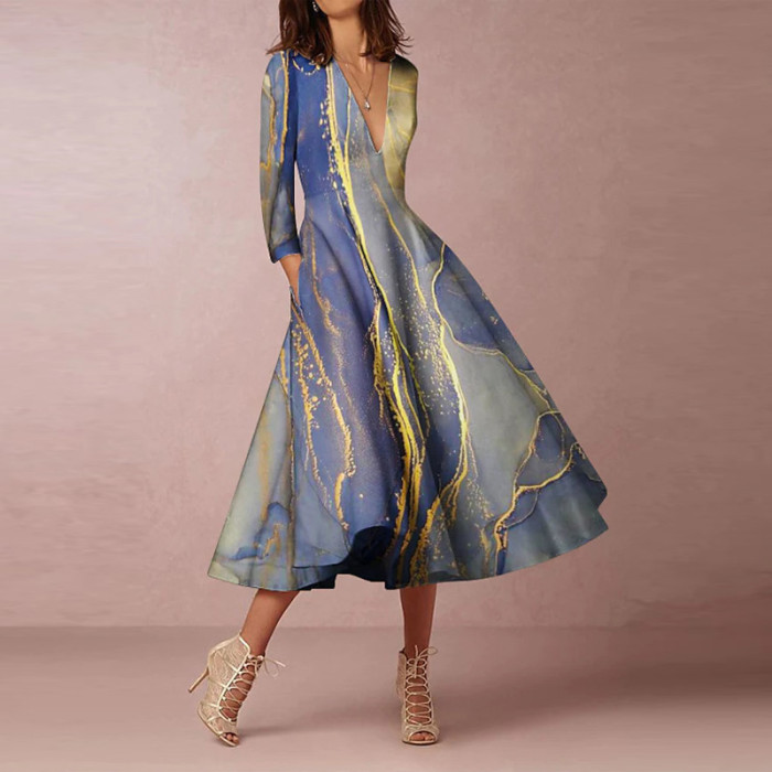 Vintage Geometric Print Women Dress Temperament Long Sleeve V-Neck Big Hem Dress Fashion Casual High Waist Slim Pocket Dresses