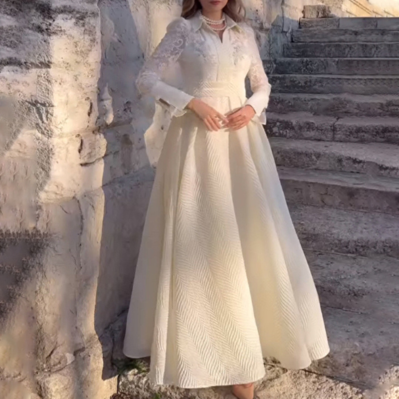 Sexy Lace Stitching White Maxi Dress  Elegant Beaded Embroidery  Dress Lady Slim Lapel Banquet Dresses