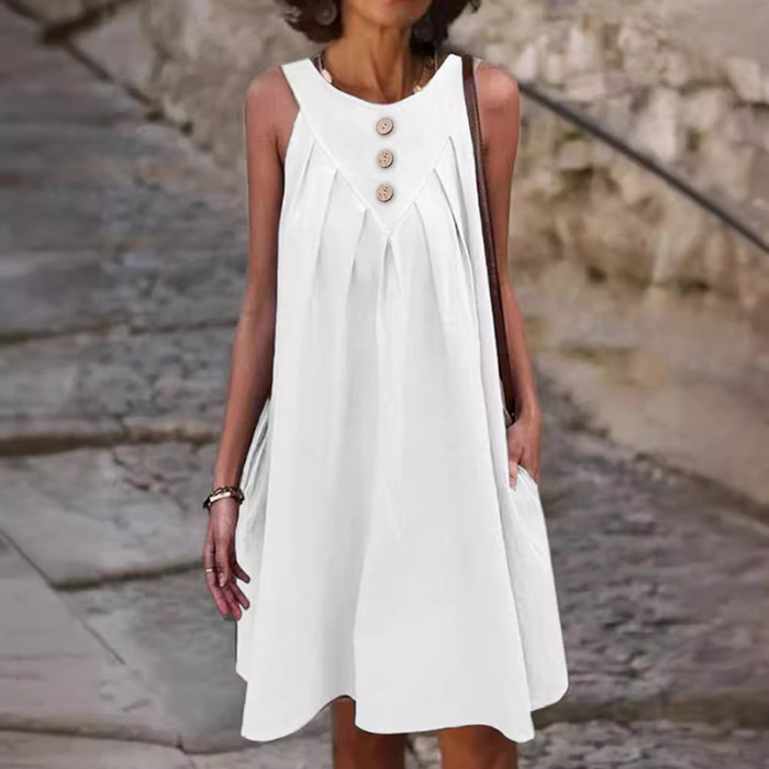 Cotton Linen Solid Tank Dress Elegant O-neck Button Loose Pullover Midi Dress Fashion Draped Solid Party Dress