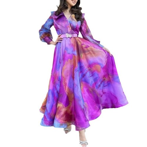 Fashionable Mesh Colorful Print Party Elegant Loose Long Dress