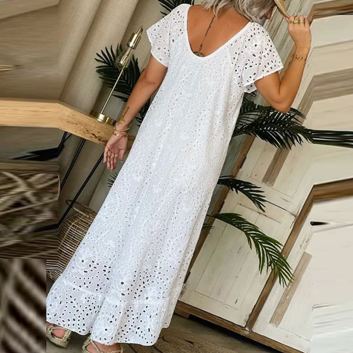 Loose Short Sleeve Holiday  Casual White Swing Party  Sexy  O-neck Hollow Lace Long Dress
