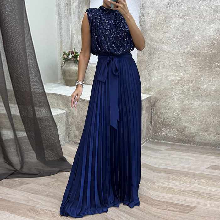Elegant Backless Pleated O-neck Sequin Patchwork Fashion Sleeveless Lace Up High Waisted Dress