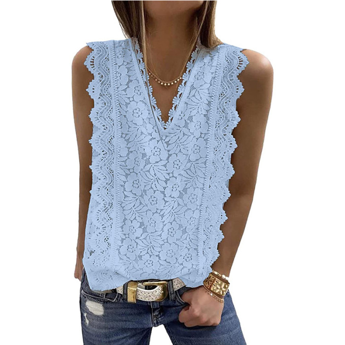 Elegant Tank Top Women Blouse Lace Embroidery White Shirts  Sexy V-neck Sleeveless Tops
