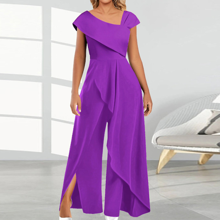 Elegant Slit Irregular Temperament Commuter Retro Short Sleeve Jumpsuit