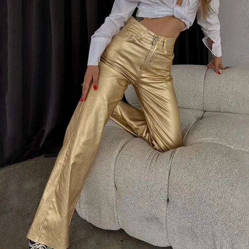 Fashion Silver High Waist Strap Pants Vintage Pockets Elegant Commuting Casual Loose  Shiny Pants