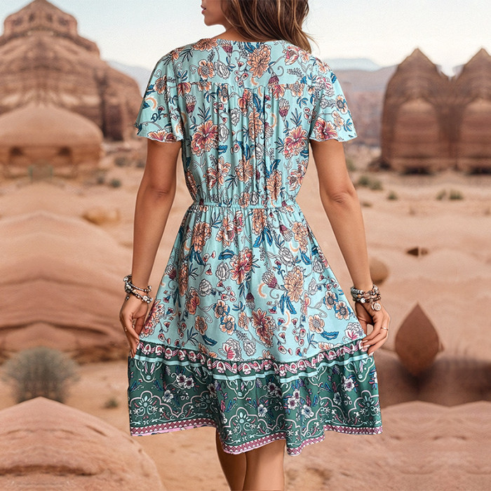 V Neck Bohemian Floral Print Mini Dress Ruffle Swing A Line Beach Sundress