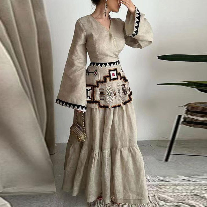 Vintage Ethnic Style Print Patchwork Women Dress Casual Cotton Linen Loose A-Line Dress Lady V-Neck Flare Sleeve Boho Maxi Dress