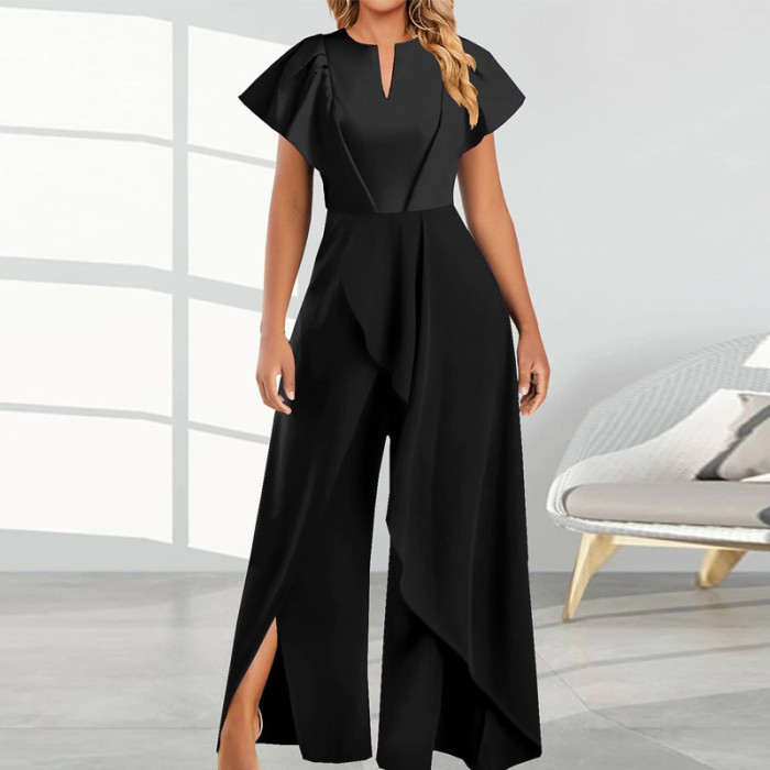 Elegant Slit Irregular Temperament Commuter Retro Short Sleeve Jumpsuit