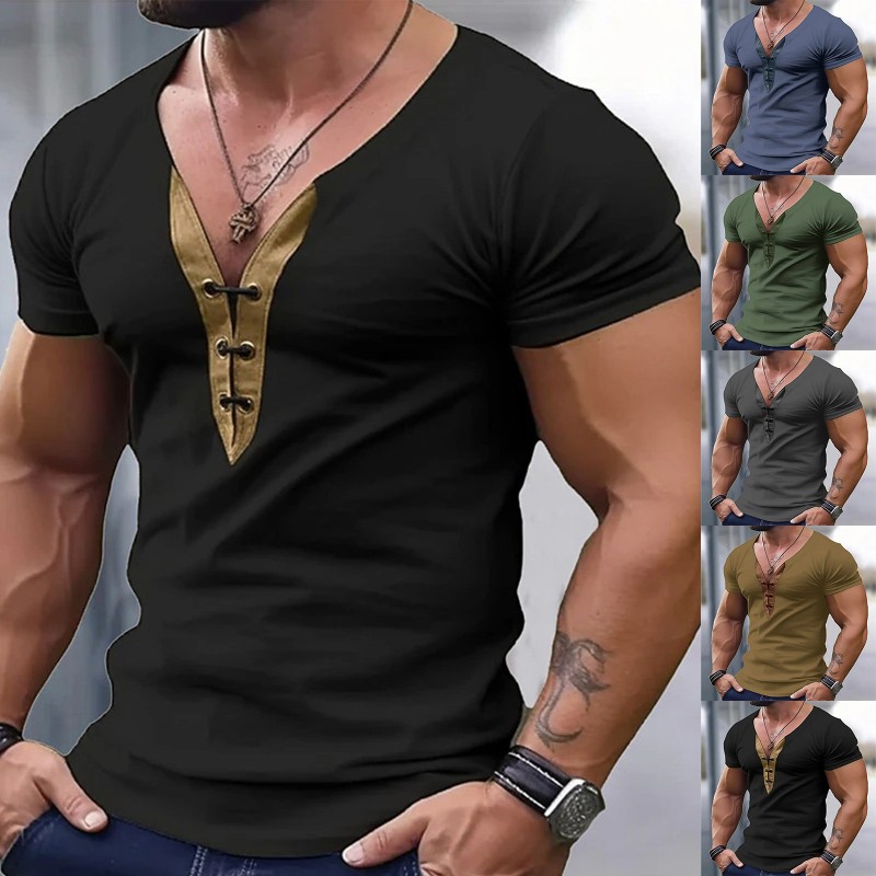 Men T-shirt Casual Soft Fitness V-Neck Short Sleeve Soild T Shirt