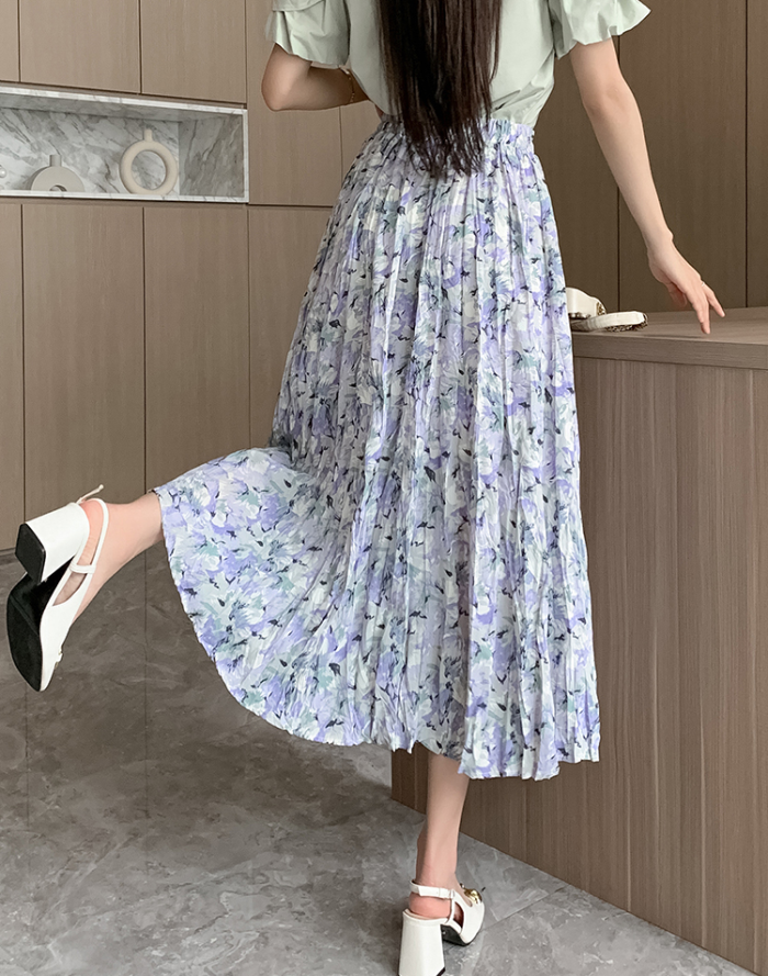 Fashion Floral Print Pleated Long Skirts  Elastic High Waist Skirt