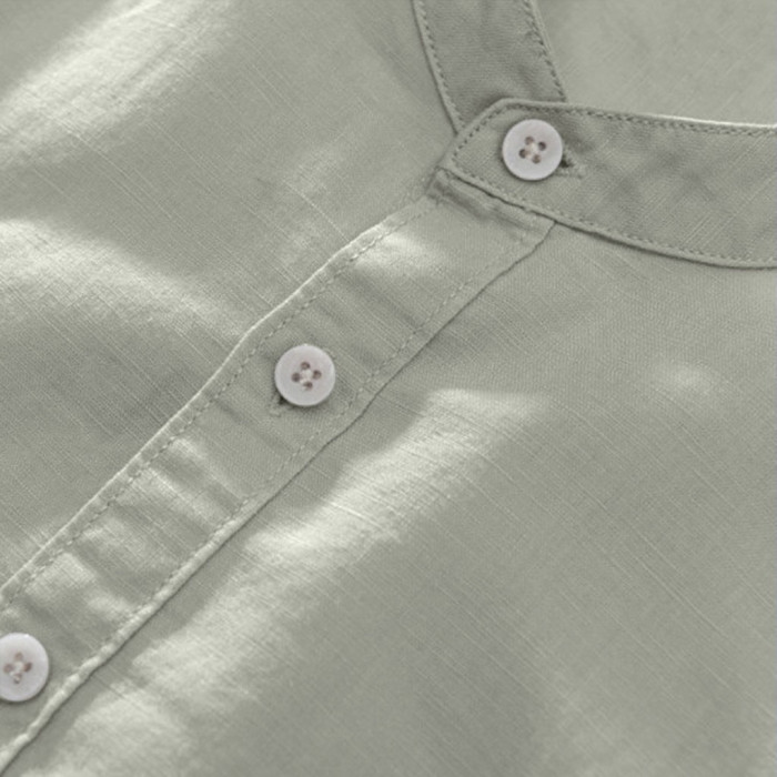 Men's Cotton Linen Solid Short Sleeve Retro Loose Button Up Shirt Blouse