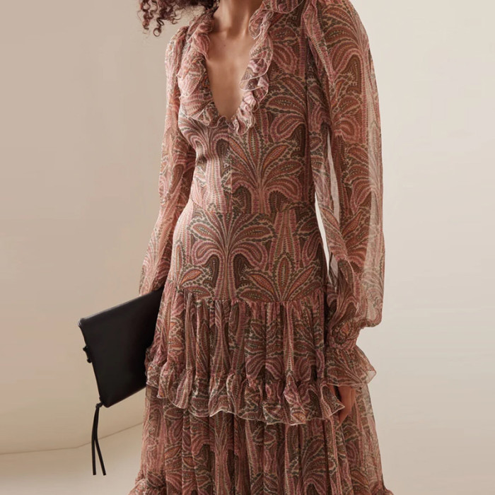 Casual Bohemia  Elegant V-neck Ruffled High Waist Fashion Printed Mesh Pleated Long Dress