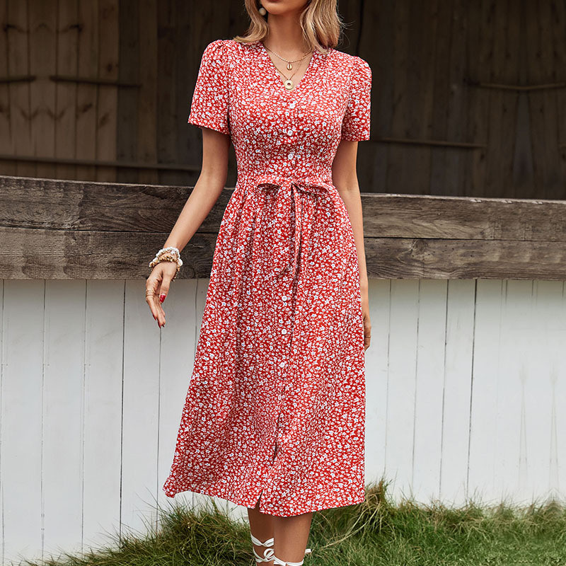 Short Sleeve High Waist Chic Dress Fashion Floral  Button Front Strappy Flowers Printed A Line Long Dress