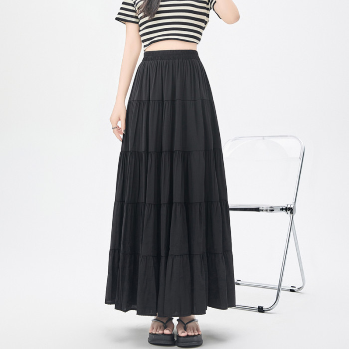 Fashion Elastic High Waist A-line Long Skirts Ladies Holiday Style Casual Loose Skirt