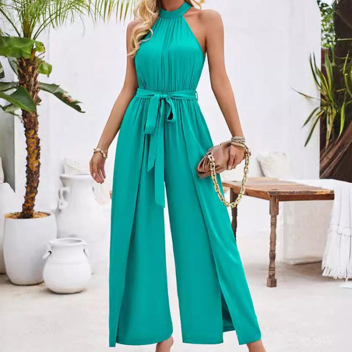 Fashion Hanging Neck Slim Fit Tie Up Bodysuit Summer Sexy Party Holiday Jumpsuit