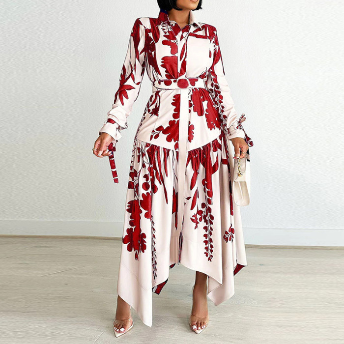Fashion Printed Irregular Lapel Button Loose Bohemian Dress