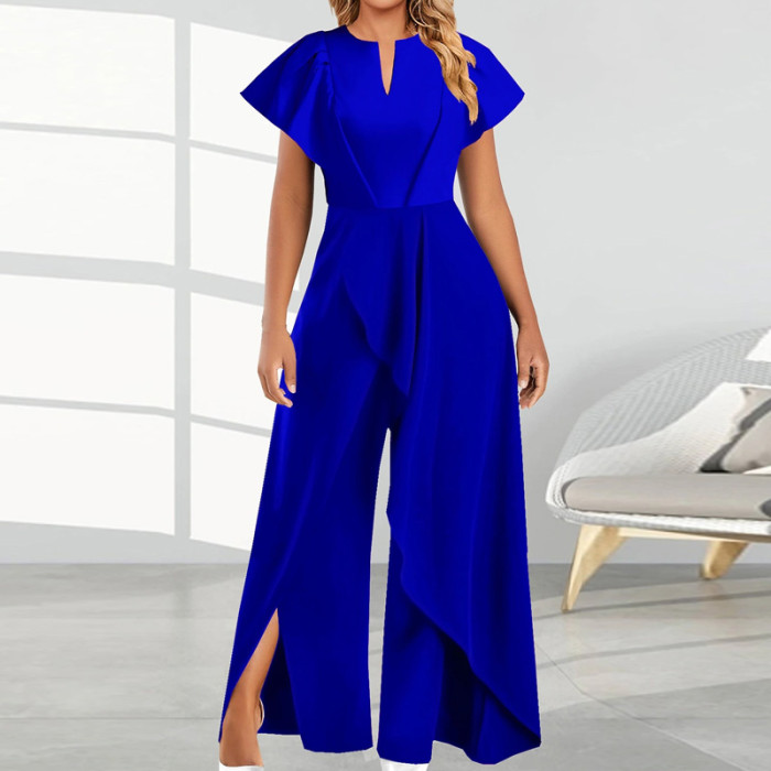Elegant Slit Irregular Temperament Commuter Retro Short Sleeve Jumpsuit
