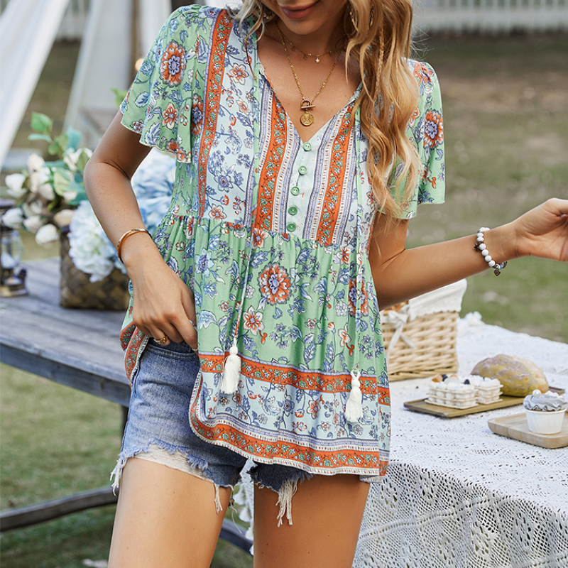 Bohemian Holiday Style Floral Print Women Blouse Summer Casual Lace-up Tassel Short Sleeve Shirts Female Fashion V-neck Blouses
