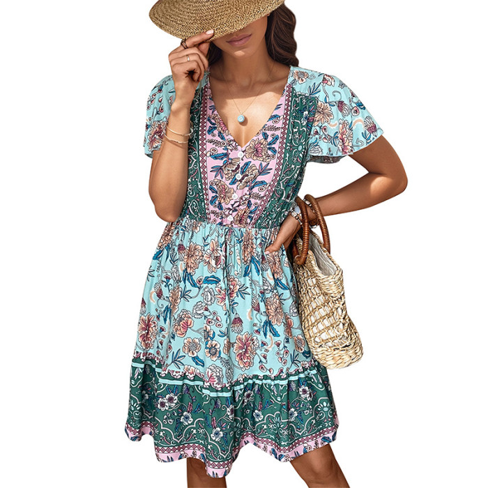V Neck Bohemian Floral Print Mini Dress Ruffle Swing A Line Beach Sundress