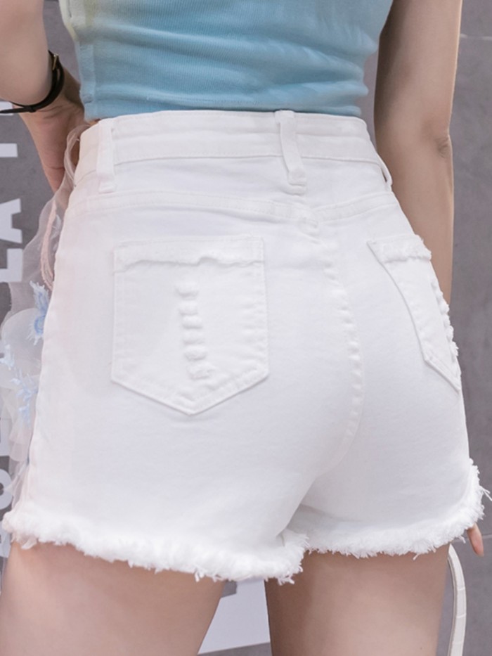 Women's High Waist Slim Shorts Female 3D Flower Embroidered Denim Shorts Ladies Casual Short