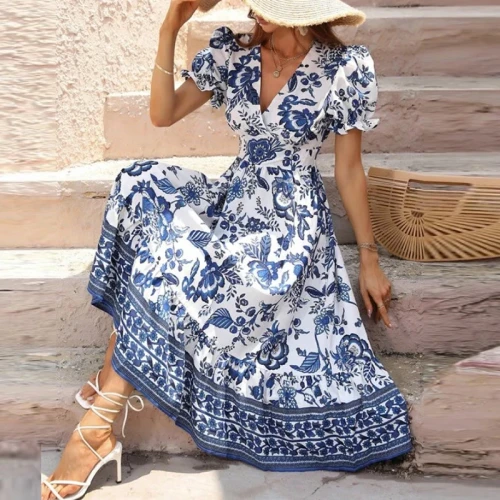 Elegant Women V Neck Flower Print Short Sleeve A-line Casual Bohemia Dresse