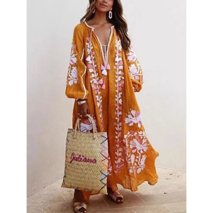 V-neck Long Sleeve Printed Dress Casual Loose  Fashion Lantern Sleeve Large Size Dress