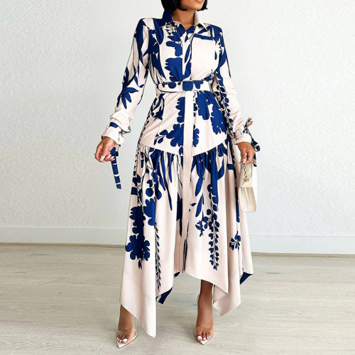 Fashion Printed Irregular Lapel Button Loose Bohemian Dress