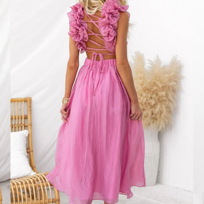 Elegant V Neck Cross Pleated Sexy Hollow Out Backless Lace Up Slim Long Dress