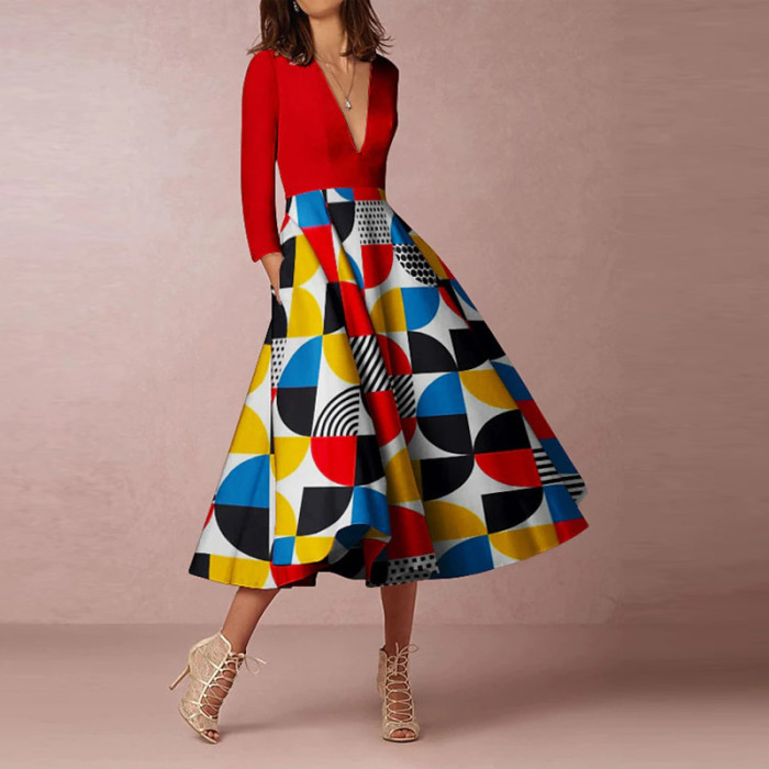 Vintage Geometric Print Women Dress Temperament Long Sleeve V-Neck Big Hem Dress Fashion Casual High Waist Slim Pocket Dresses