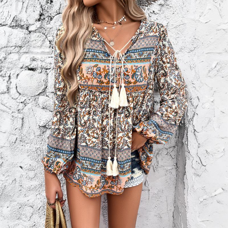 Vintage Blouse V Neck Loose Shirt for Women Bohemian Style Tops Long Sleeved Streetwear Fashion Outfit Retro Female Clothing