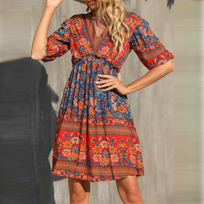 Bohemian Women Dress Vintage Maxi Polka Dot V-Neck Elegant Women Dresses Party High Waist Dresses