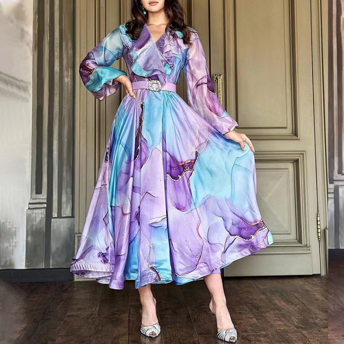 Fashionable Mesh Colorful Print Party Elegant Loose Long Dress