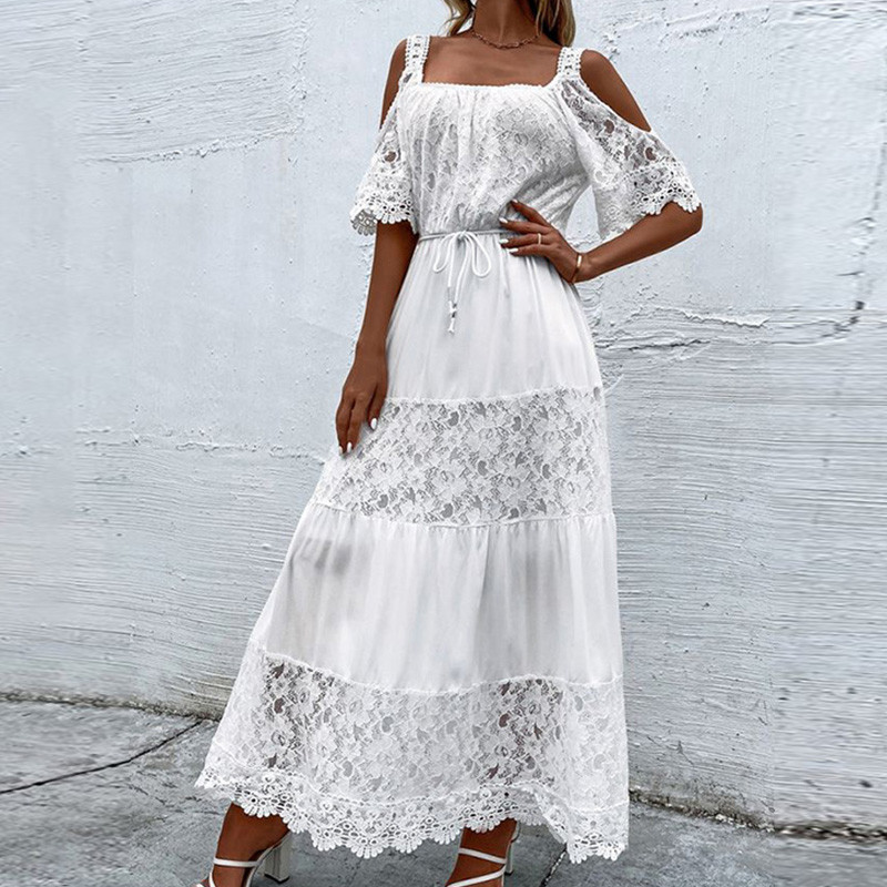 Elegant Retro White Lace Jacquard Women Dress Office Ladies Temperament Off Shoulder Maxi Dresses