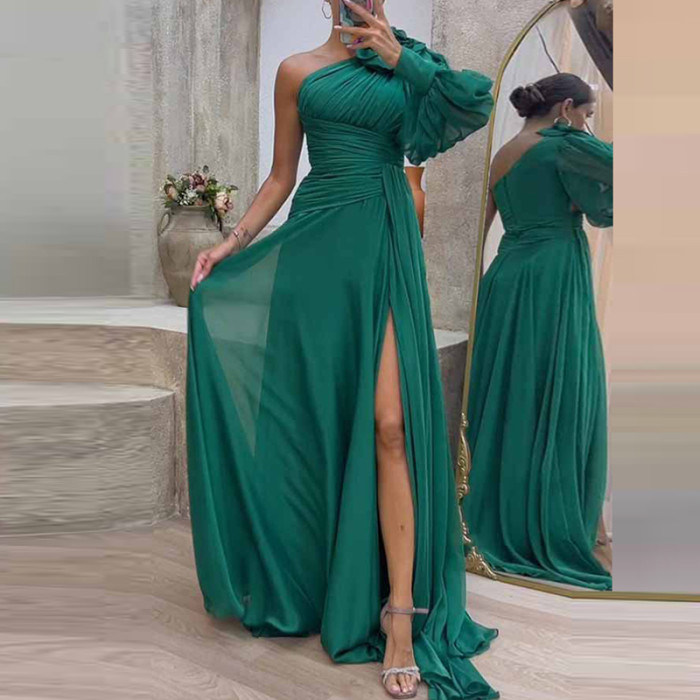 Casual One Shoulder Sleeve Split Party Fashion Solid Pleated  Elegant Diagonal Collar Chiffon Long Dress