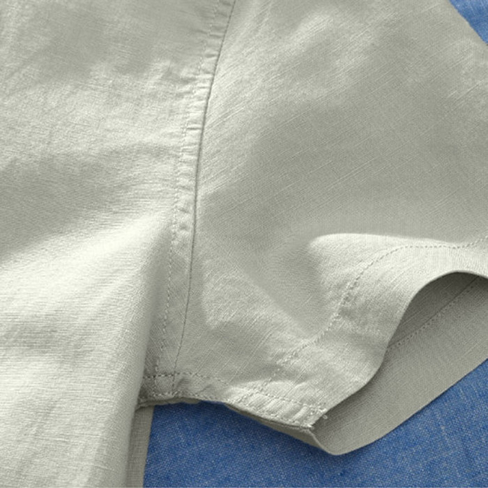 Men's Cotton Linen Solid Short Sleeve Retro Loose Button Up Shirt Blouse