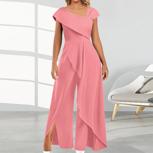 Elegant Slit Irregular Temperament Commuter Retro Short Sleeve Jumpsuit