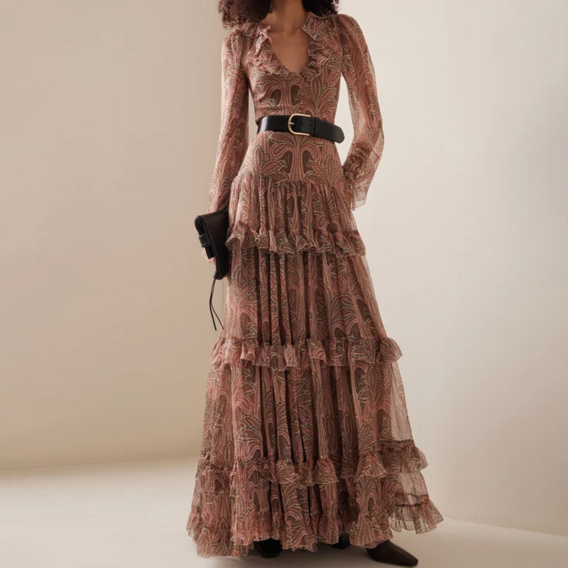 Casual Bohemia  Elegant V-neck Ruffled High Waist Fashion Printed Mesh Pleated Long Dress