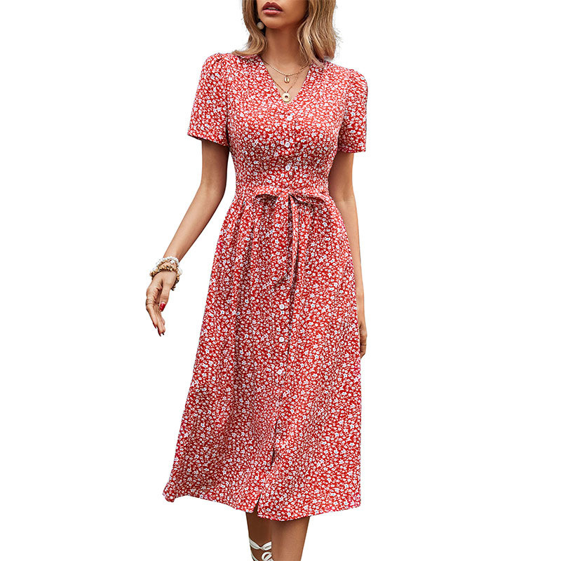 Short Sleeve High Waist Chic Dress Fashion Floral  Button Front Strappy Flowers Printed A Line Long Dress