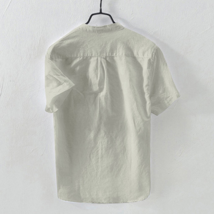 Men's Cotton Linen Solid Short Sleeve Retro Loose Button Up Shirt Blouse
