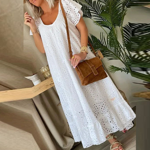 Loose Short Sleeve Holiday  Casual White Swing Party  Sexy  O-neck Hollow Lace Long Dress