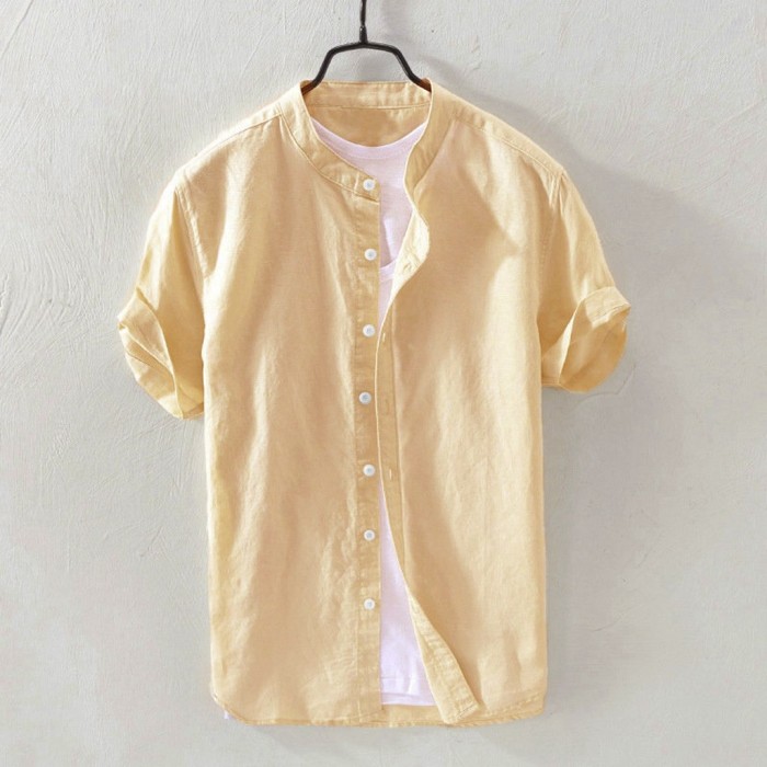 Men's Cotton Linen Solid Short Sleeve Retro Loose Button Up Shirt Blouse
