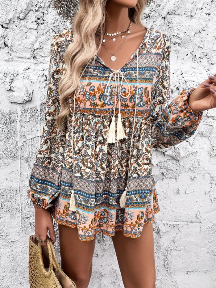 Vintage Blouse V Neck Loose Shirt for Women Bohemian Style Tops Long Sleeved Streetwear Fashion Outfit Retro Female Clothing