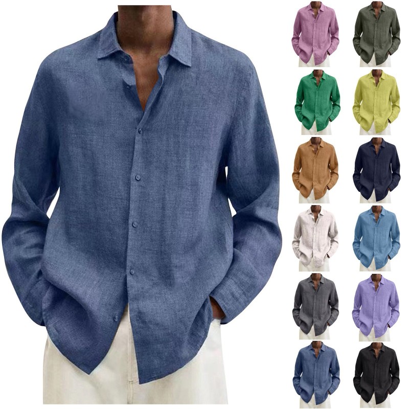 Men's Shirts Casual Cotton Linen Solid Color Long Sleeve Blouses