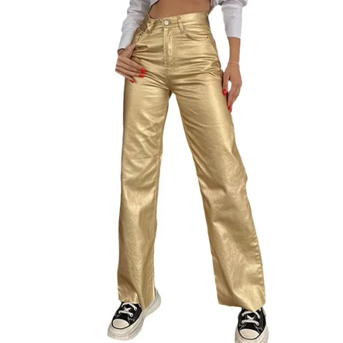 Fashion Silver High Waist Strap Pants Vintage Pockets Elegant Commuting Casual Loose  Shiny Pants